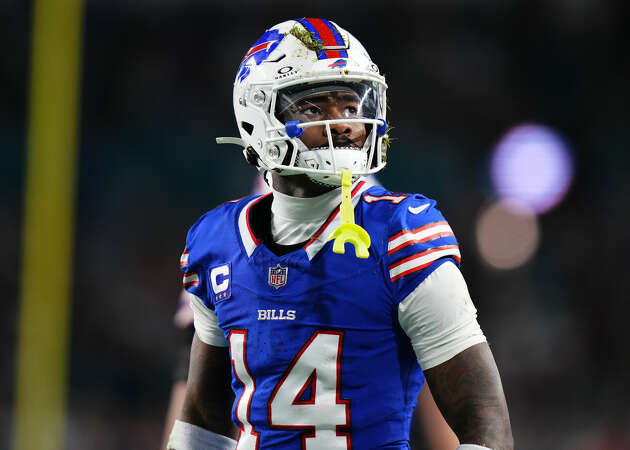 Stefon Diggs #14 of the Buffalo Bills looks on against the Miami Dolphins during the second quarter at Hard Rock Stadium on January 07, 2024 in Miami Gardens, Florida.