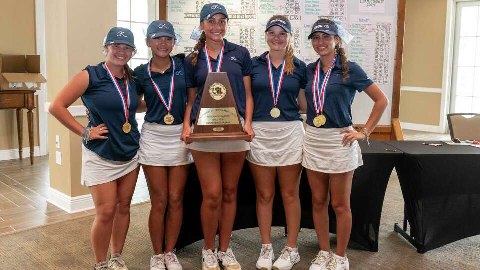 From left, Kingwood golfers, Bella Hayward, Gabriela Sison, Mairana Hernandez, Khloe Jones and Bella Flores placed first in team competition at the Region III-6A girls golf tournament Tuesday, April 16, 2024 at Eagle Pointe Golf Club in Mont Belvieu.