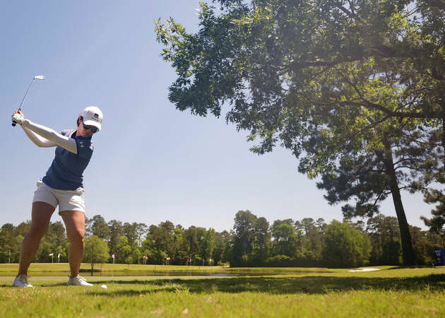 Xiyu Lin of China plays a shot on the tenth hole during the third round of The Chevron Championship at The Club at Carlton Woods on April 22, 2023 in The Woodlands, Texas.