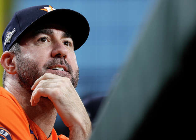 ARLINGTON, TEXAS - OCTOBER 18: Justin Verlander #35 of the Houston Astros looks on prior to Game Three of the American League Championship Series against the Texas Rangers at Globe Life Field on October 18, 2023 in Arlington, Texas. (Photo by Carmen Mandato/Getty Images)
