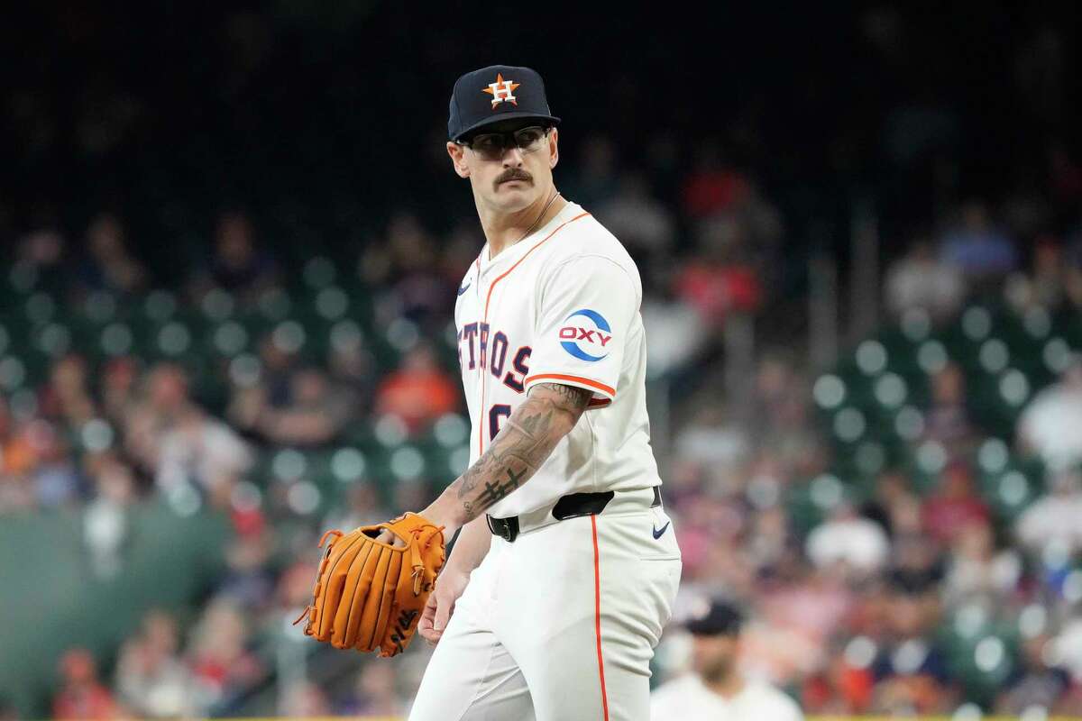 Houston Astros starting pitcher J.P. France (68) reacts after a balk was called on him during the first inning of an MLB baseball game at Minute Maid Park on Wednesday, April 17, 2024, in Houston.