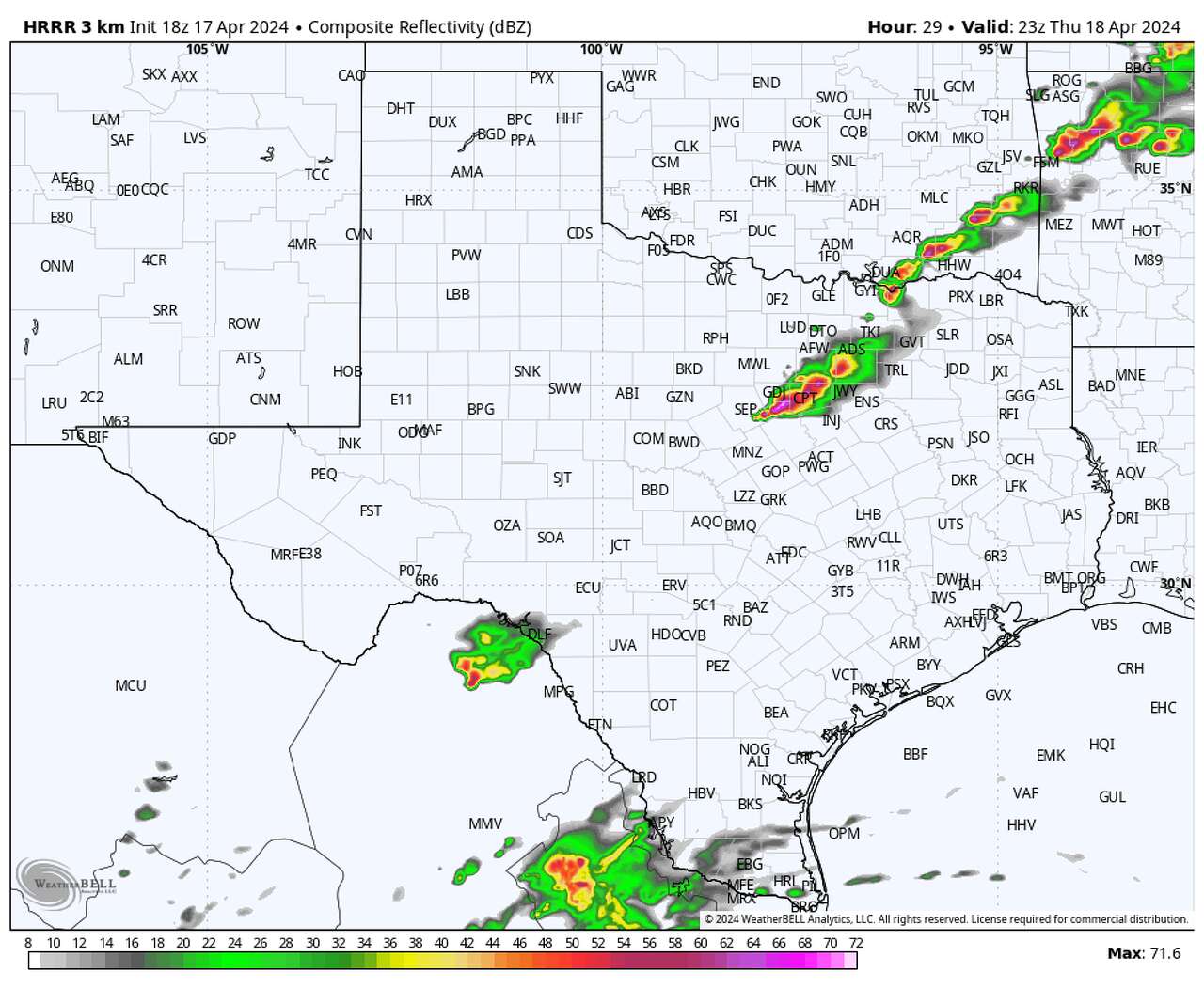 Shown is how the High Resolution Rapid Refresh model, or HRRR, expects radar to look Thursday evening across Texas. Strong storms are expected to develop first near Dallas-Fort Worth by the evening commute. Storms should push toward Austin and San Antonio shortly after sunset.