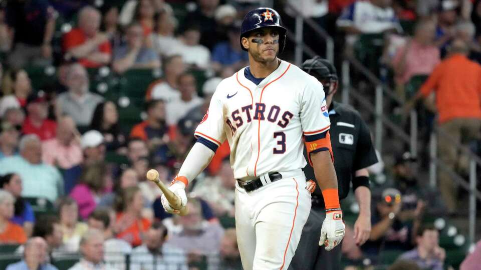 Houston Astros Jeremy Peña (3) reacts after striking out during the seventh inning of an MLB baseball game at Minute Maid Park on Wednesday, April 17, 2024, in Houston.
