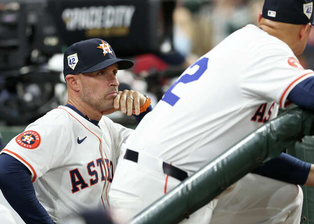 Manager Joe Espada #19 of the Houston Astros watches from the dugout during the game against the Atlanta Braves at Minute Maid Park on April 15, 2024 in Houston, Texas. All players are wearing the number 42 in honor of Jackie Robinson Day.