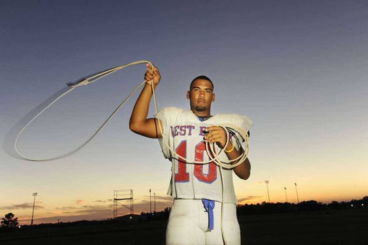 West Brook senior defensive end Ben Goodman Jr. excels on the football field and is highly recruited. But he also has another talent-- calf roping. He has won several awards in the event and has gone all over the country. Calf roping has helped make him a better football player. He learns Rodeo and football from his father, Ben Goodman Sr. , who was ranked No. 9 in the world in steer wrestling in 2003. Valentino Mauricio/The Enterprise