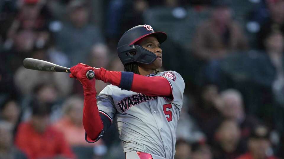 Washington Nationals' CJ Abrams against the San Francisco Giants during the third inning of a baseball game Tuesday, April 9, 2024, in San Francisco. (AP Photo/Godofredo A. Vásquez)