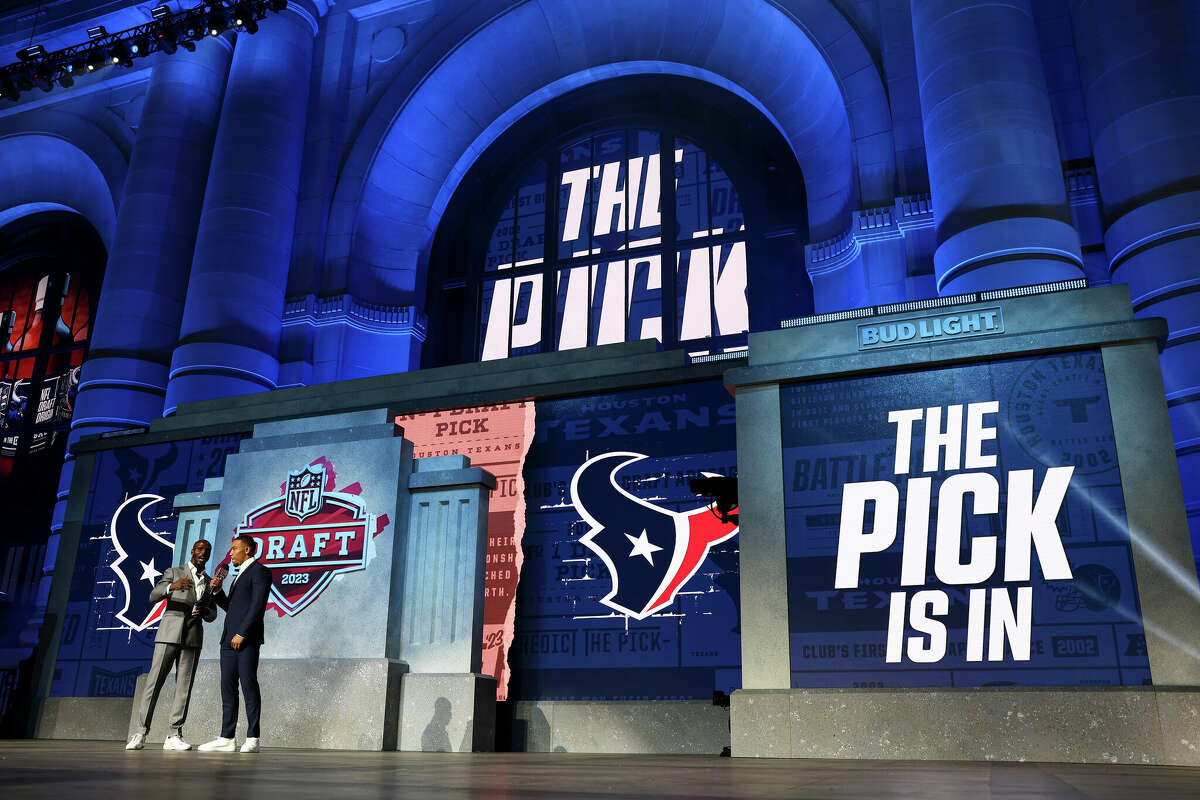 The Houston Texans' pick is in during Day 2 of the 2023 NFL Draft at Union Station on April 28, 2023 in Kansas City, Missouri.