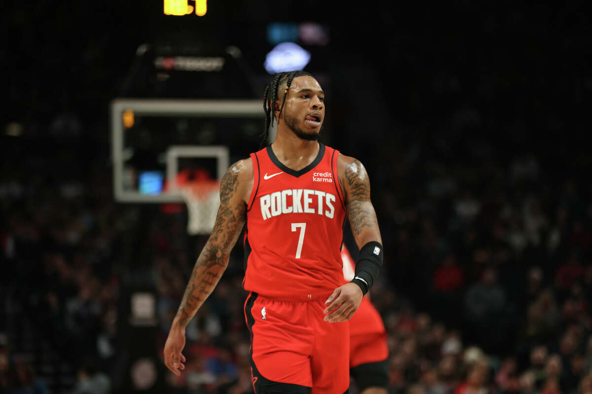 Cam Whitmore #7 of the Houston Rockets plays against the Portland Trail Blazers during the second quarter at Moda Center on April 12, 2024 in Portland, Oregon. 