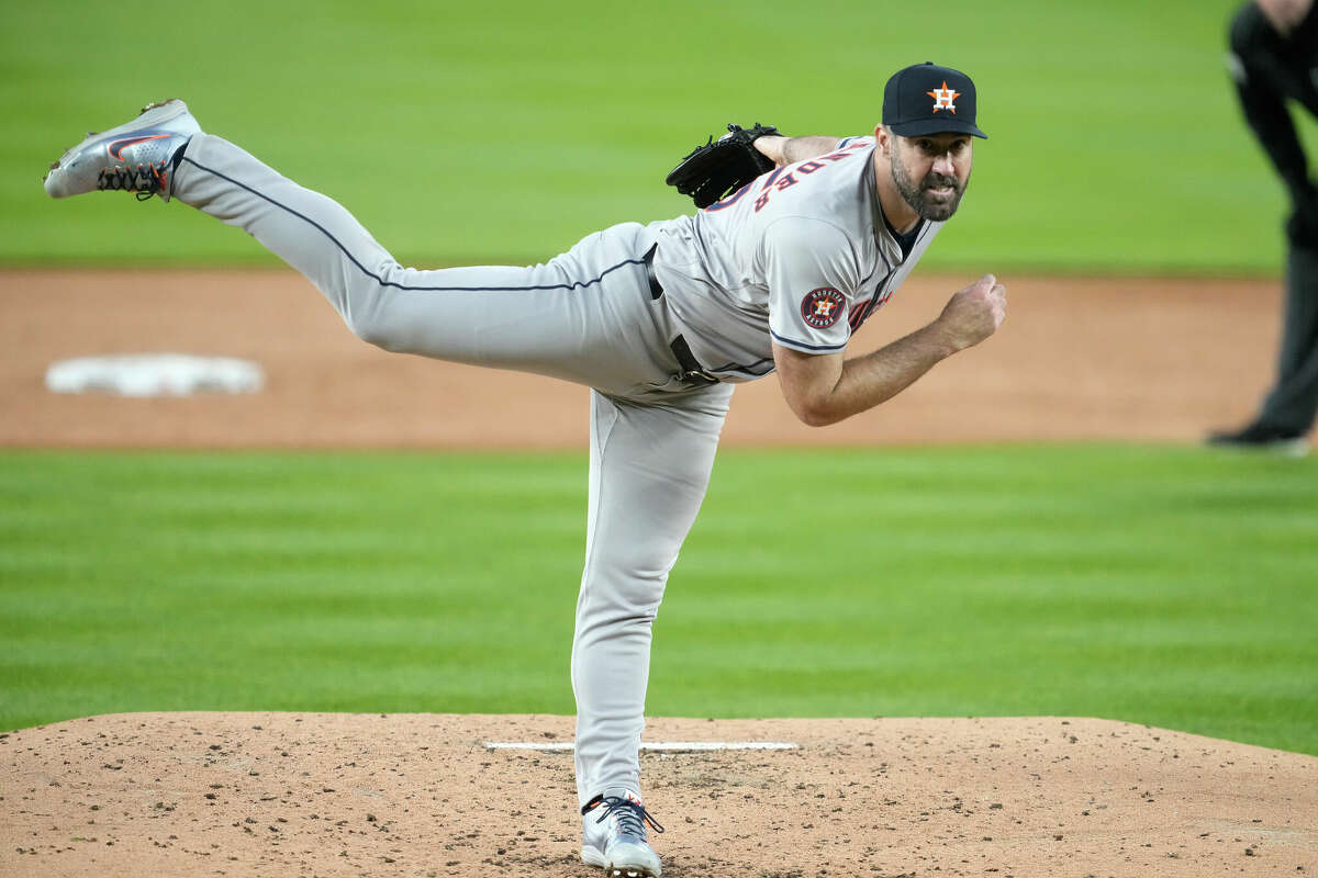 Justin Verlander #35 of the Houston Astros pitches in the third inning during a baseball game against the Washington Nationals at Nationals Park on April 19, 2024 in Washington, DC.