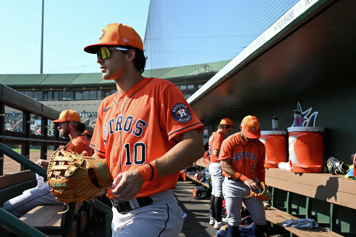 Joey Loperfido #10 of the Houston Astros looks on during the second inning of a spring training Spring Breakout game against the St. Louis Cardinals at Roger Dean Chevrolet Stadium on March 17, 2024 in Jupiter, Florida. 