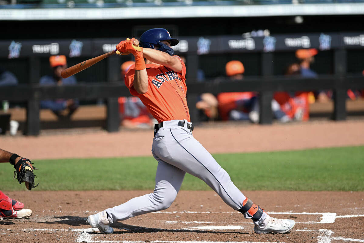 Joey Loperfido #10 of the Houston Astros bats during the fourth inning of a spring training Spring Breakout game against the St. Louis Cardinals at Roger Dean Chevrolet Stadium on March 17, 2024 in Jupiter, Florida. 