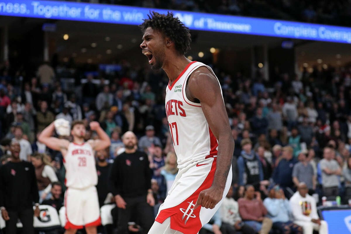 Tari Eason #17 of the Houston Rockets reacts during the game against the Memphis Grizzlies at FedExForum on December 15, 2023 in Memphis, Tennessee. 