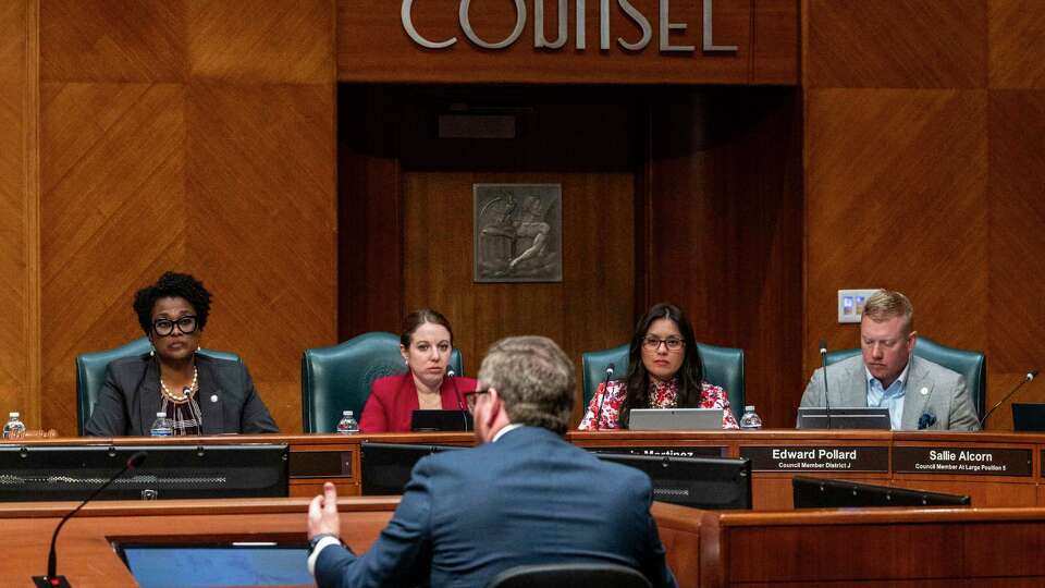 Houston city council members, from left, Martha Castex-Tatum, Amy Peck, Joaquin Martinez and Edward Pollard listen as Steven David, deputy chief of staff for Mayor Whitmire, comments during a Prop A committee meeting Tuesday, April 23, 2024 in Houston.