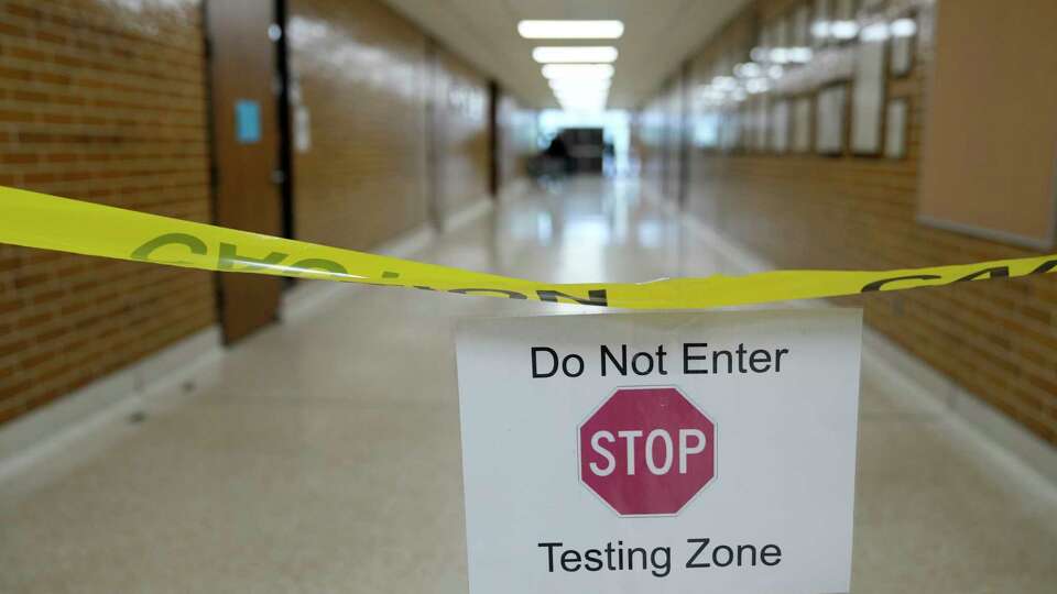 A hallway at Grantham Academy, 13300 Chrisman Road, is shown block off during STAAR testing Wednesday, Feb. 15, 2023, in Houston.