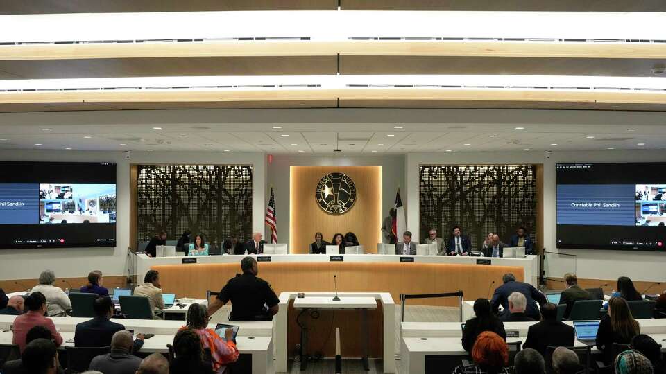 Harris County Judge Lina Hidalgo welcomes everyone to the new chamber on the first floor Tuesday, April 23, 2024 at Harris County Administration Building in Houston.