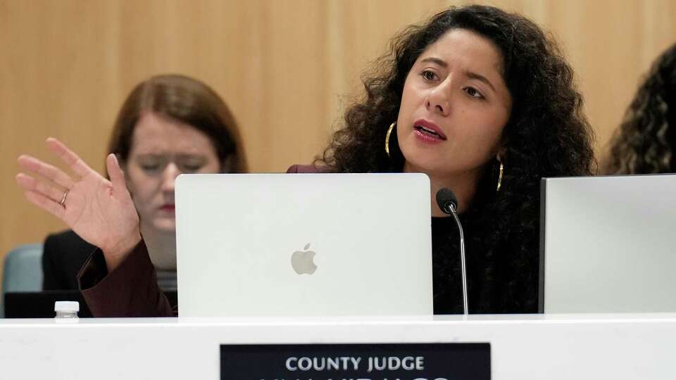 Harris County Judge Lina Hidalgo is photographed during the commissioners court meeting in the new chamber on the first floor Tuesday, April 23, 2024 at Harris County Administration Building in Houston.