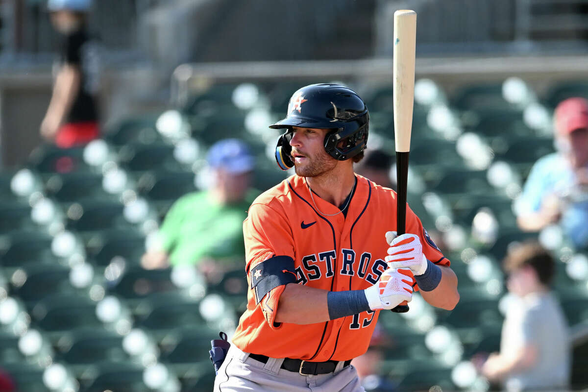 Jacob Melton #15 of the Houston Astros bats during the second inning of a spring training Spring Breakout game against the St. Louis Cardinals at Roger Dean Chevrolet Stadium on March 17, 2024 in Jupiter, Florida. 