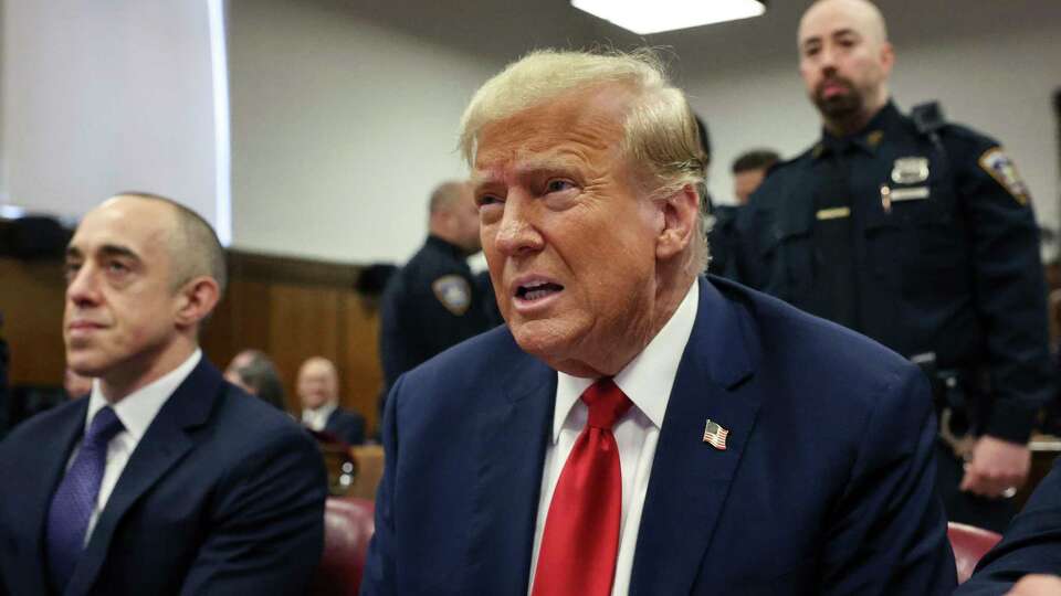 Former President Donald Trump attends his trial for allegedly covering up hush money payments linked to extramarital affairs, at Manhattan Criminal Court in New York City on April 25, 2024. Trump is back in court to watch his alleged tabloid co-conspirator, former publisher of the National Enquirer, David Pecker, continue testimony about their bid to kill salacious stories that could have derailed the Republican's 2016 White House campaign.