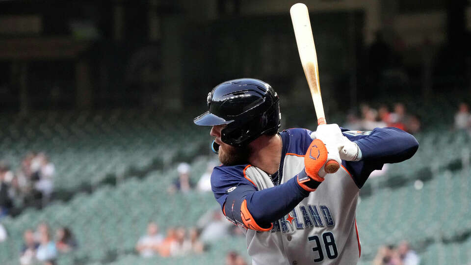 Sugar Land Space Cowboys Trey Cabbage (38) faced Houston Astros starting pitcher Ronel Blanco (56) during the first inning of an MLB exhibition game at Minute on Tuesday, March 26, 2024, in Houston.