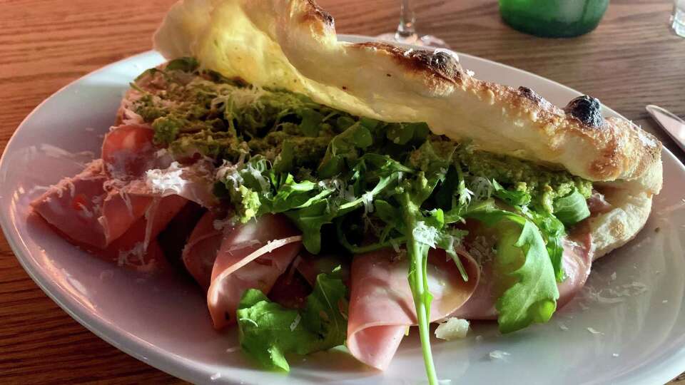 The Mortazza, a sandwich/pizza hybrid, from the Saturday and Sunday brunch menu at Mimo trattoria in the near East End