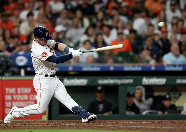 Alex Bregman #2 of the Houston Astros bats in the sixth inning against the New York Yankees at Minute Maid Park on March 30, 2024 in Houston, Texas.