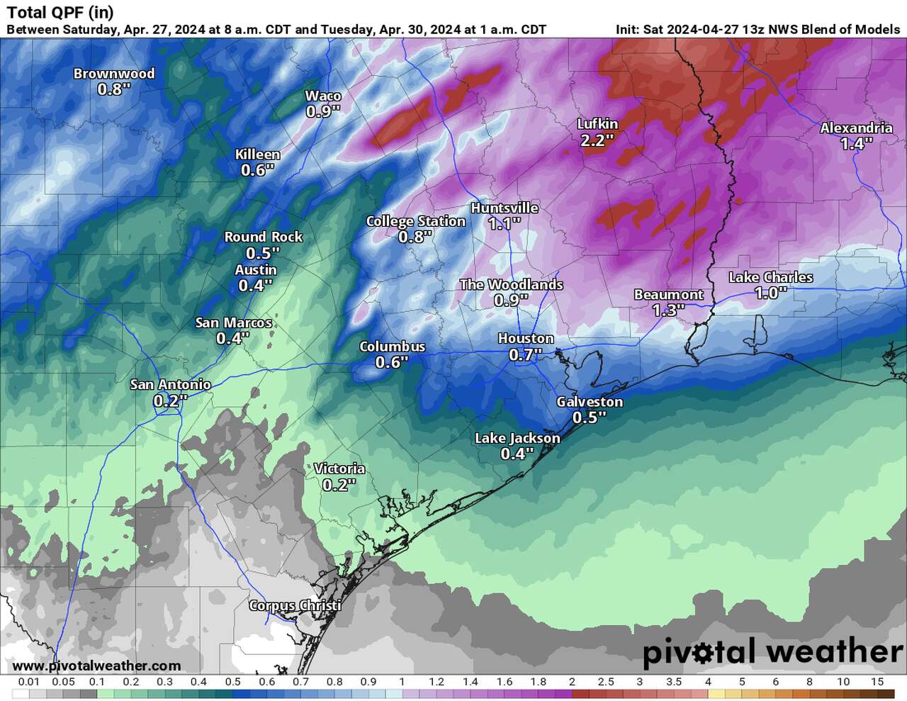 Shown are potential rainfall totals through Monday in Southeast Texas, according to the National Blend of Models.