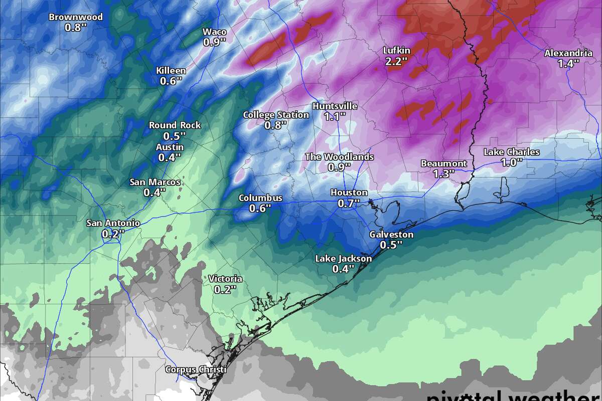 Shown are potential rainfall totals through Monday in Southeast Texas, according to the National Blend of Models.