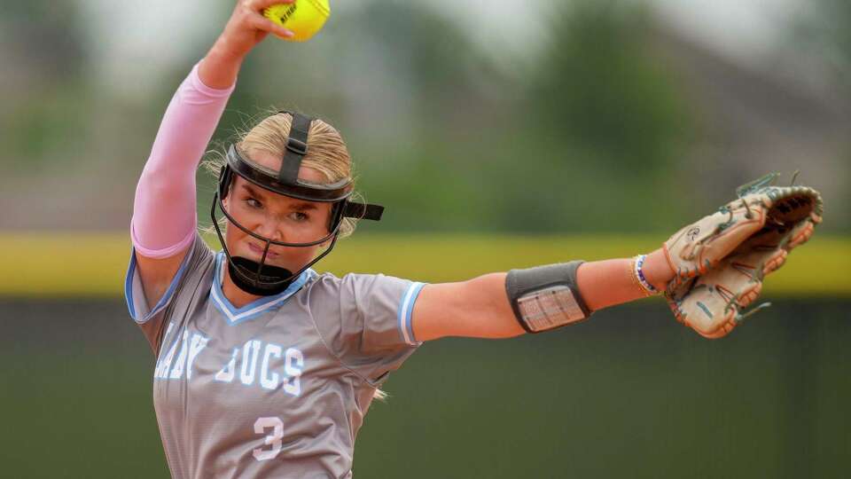 Brazoswood starting pitcher Peyton Tanner delivers during the second inning of game 2 of a Region III-6A bi-district high school softball playoff game against Shadow Creek, Saturday, April 27, 2024, in Pearland.