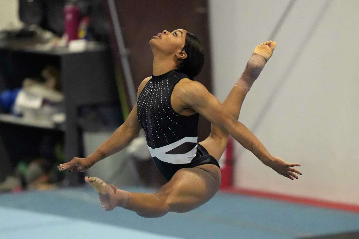 Gabby Douglas performs her floor routine while competing at the American Classic Saturday, April 27, 2024, in Katy, Texas. (AP Photo/David J. Phillip)