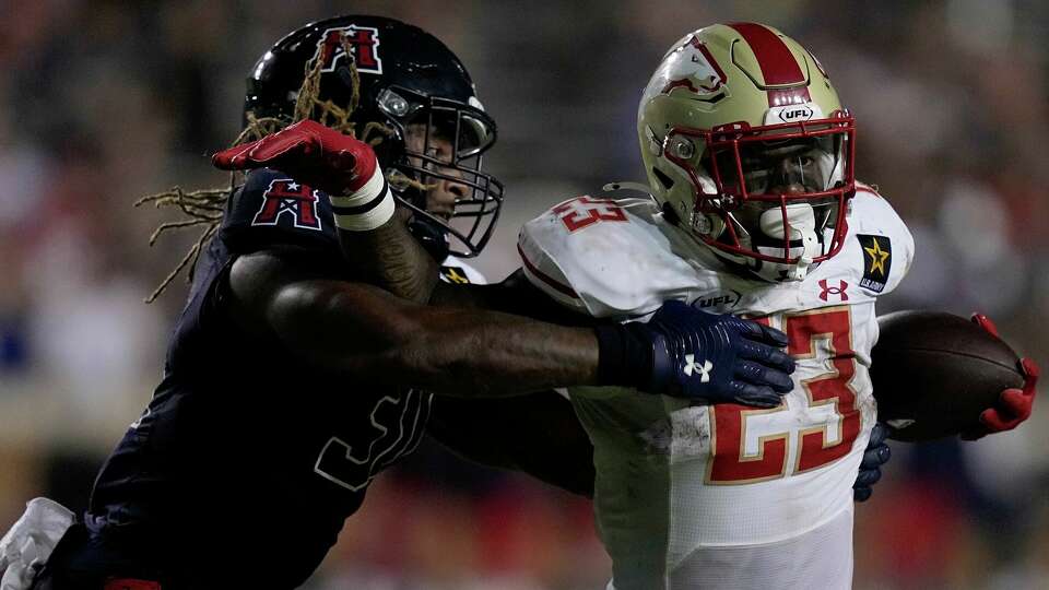 Ricky Person Jr. #23 of the Birmingham Stallions runs the ball against the Houston Roughnecks during the third quarter in the game at Rice Stadium on April 27, 2024 in Houston, Texas. (Photo by Kevin M. Cox/UFL/Getty Images)