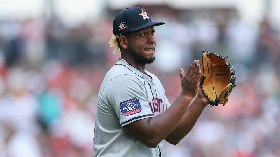 Ronel Blanco #56 of the Houston Astros reacts on the second inning during the MLB World Tour Mexico City Series between the Houston Astros and the Colorado Rockies at Estadio Alfredo Harp Helú on April 27, 2024 in Mexico City, Mexico. (Photo by Hector Vivas/Getty Images)