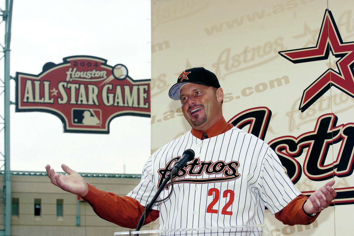 Former New York Yankees pitcher Roger Clemens gestures as he answers questions from the media during a press conference to announce the signing of Clemens to a 1-year $5 million contract with the Houston Astros on January 12, 2004 at Minute Maid Park in Houston, Texas. It had been believed that Clemens was planning to retire following the 2003 season but a number a developments including the signing of his former Yankee teammate, Andy Pettitte by the Astros earlier in the off season which lead him to join the Houston franchise. 