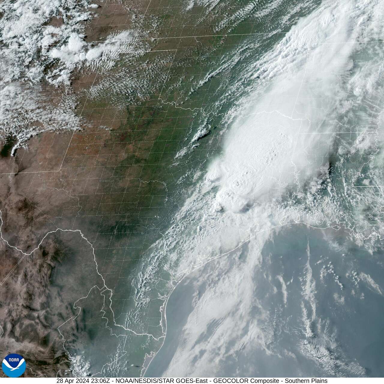 Shown is visible satellite from aboard the Geostationary Operational Environmental Satellite, or GOES, over Texas Sunday evening as tornado-warned storms pushed through the Piney Woods. Additional rounds of storms are forecast through this week.