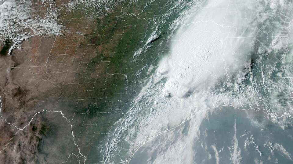 Shown is visible satellite from aboard the Geostationary Operational Environmental Satellite, or GOES, over Texas Sunday evening as tornado-warned storms pushed through the Piney Woods. Additional rounds of storms are forecast through this week.