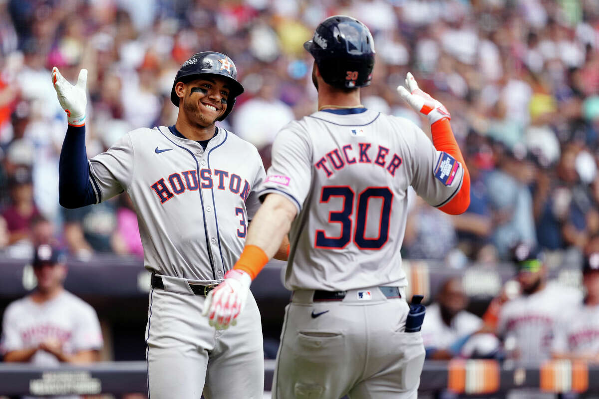 Kyle Tucker #30 of the Houston Astros celebrates with teammate Jeremy Peña #3 after hitting a solo home run in the first innnig during the 2024 Mexico City Series game between the Houston Astros and the Colorado Rockies at Alfredo Harp Helú Stadium on Sunday, April 28, 2024 in Mexico City, Mexico.