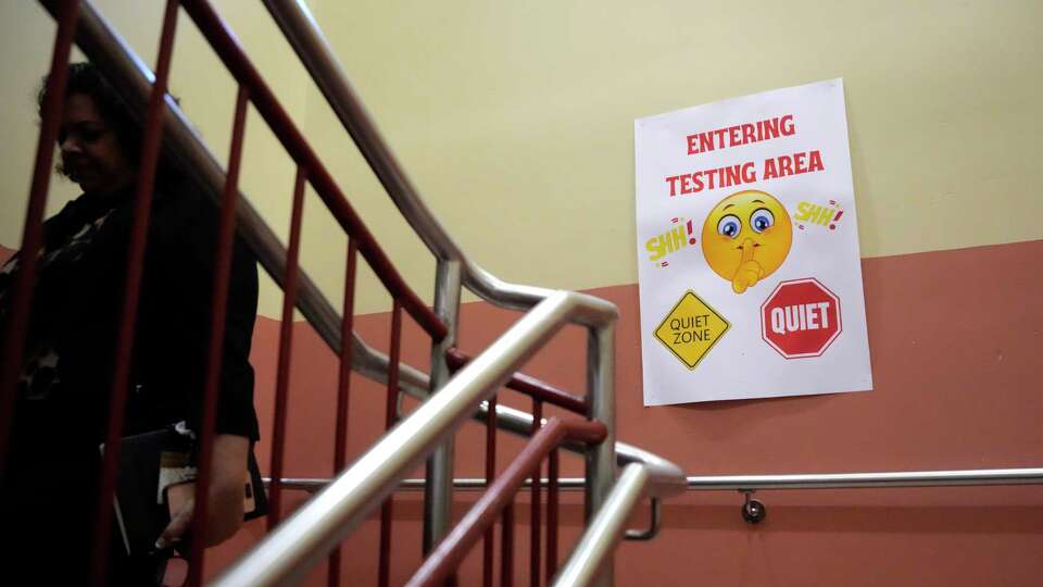 A testing area sign is shown at Thompson Elementary School, Thursday, April 25, 2024, in Houston.