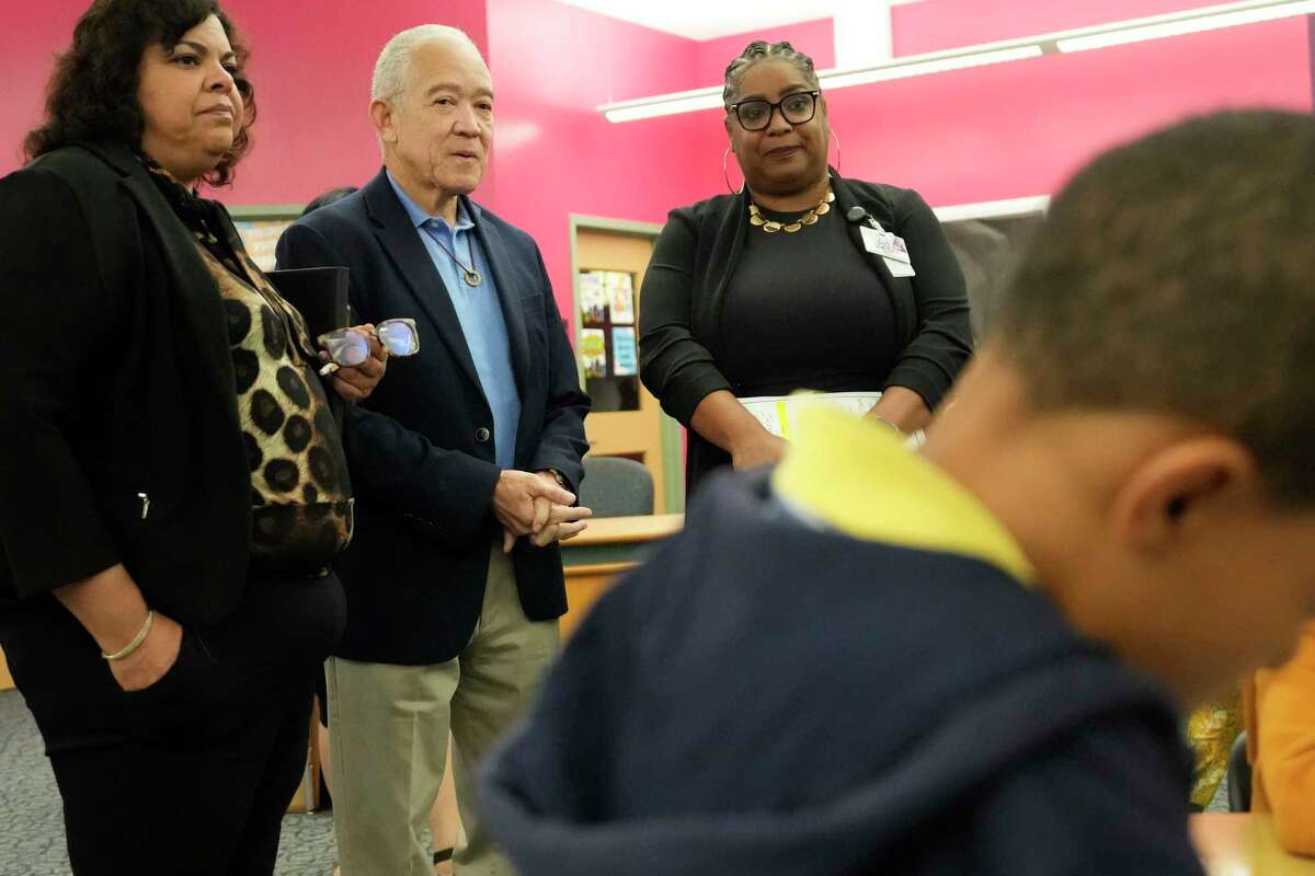 Imelda de la Guardia, south division superintendent, Mike Miles, HISD superintendent, and Erica Brame-Manuel, principal, right, are shown at Thompson Elementary School, 6121 Tierwester St., Thursday, April 25, 2024, in Houston.