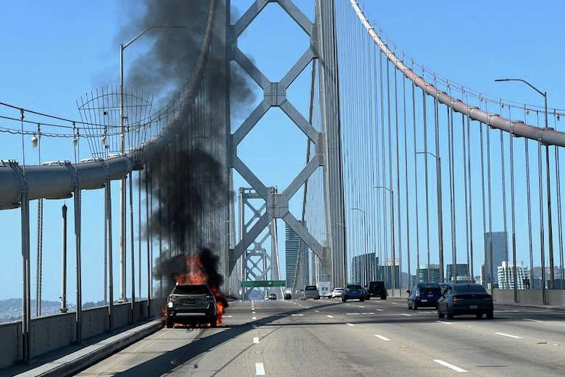 Car catches fire on westbound Bay Bridge, creating traffic jam