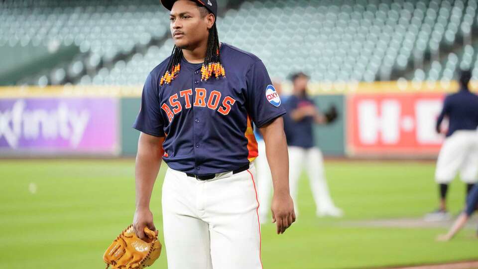 Houston Astros pitcher Luis Garcia during batting practice before the start of an MLB baseball game at Minute Maid Park on Tuesday, April 30, 2024, in Houston.