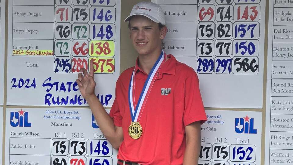 Cooper Paull points to the 138 total, including a final-round 66 on Tuesday, that earned him medalist honors in the Class 6A UIL boys state golf tournament at Georgetown's White Wing Golf Club.