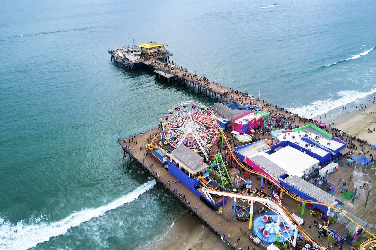 An aerial view of Santa Monica Pier, in Santa Monica, Calif.