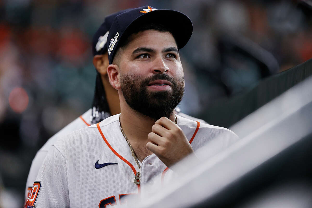 Jose Urquidy #65 of the Houston Astros looks on prior to game one of the Division Series against the Seattle Mariners at Minute Maid Park on October 11, 2022 in Houston, Texas.