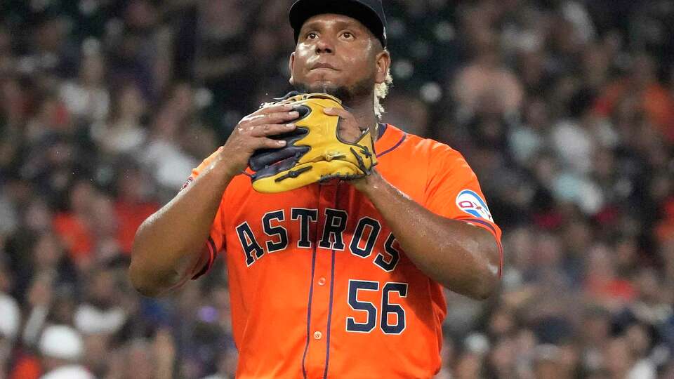 Houston Astros starting pitcher Ronel Blanco (56) reacts after striking out Seattle Mariners Jorge Polanco to end the top of the fifth inning of an MLB game at Minute Maid Park on Friday, May 3, 2024, in Houston.