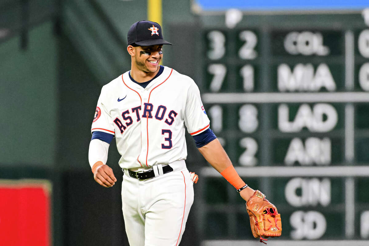  Jeremy PeÃ±a #3 of the Houston Astros smiles while on the field in the fourth inning against the Cleveland Guardians at Minute Maid Park on May 01, 2024 in Houston, Texas. 