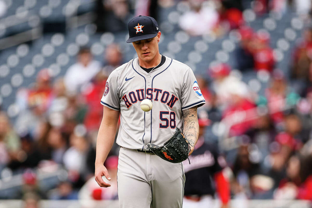 Hunter Brown #58 of the Houston Astros looks on against the Washington Nationals during the third inning at Nationals Park on April 21, 2024 in Washington, DC. 