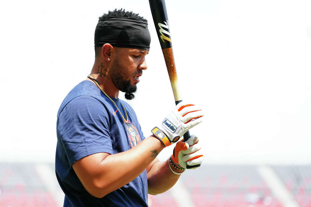 Jose Abreu #79 of the Houston Astros takes batting practice prior to a 2024 Mexico City Series game between the Houston Astros and the Colorado Rockies at Alfredo Harp HelÃº Stadium on Saturday, April 27, 2024 in Mexico City, Mexico. 