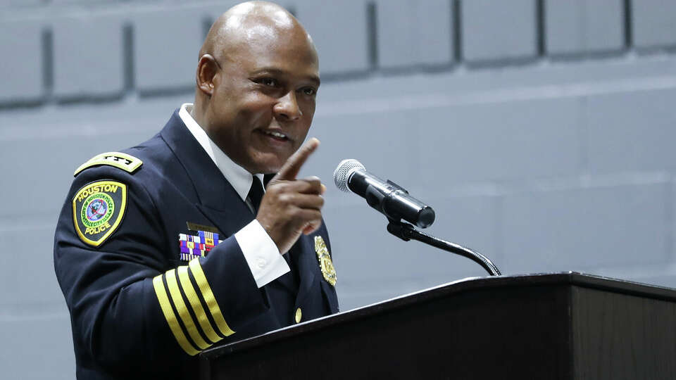 Houston Police Chief Troy Finner addresses a class of cadets in May 2022. Finner resigned Wednesday night amid the dropped cases scandal that has led to disciplinary measures for two other HPD administrators.