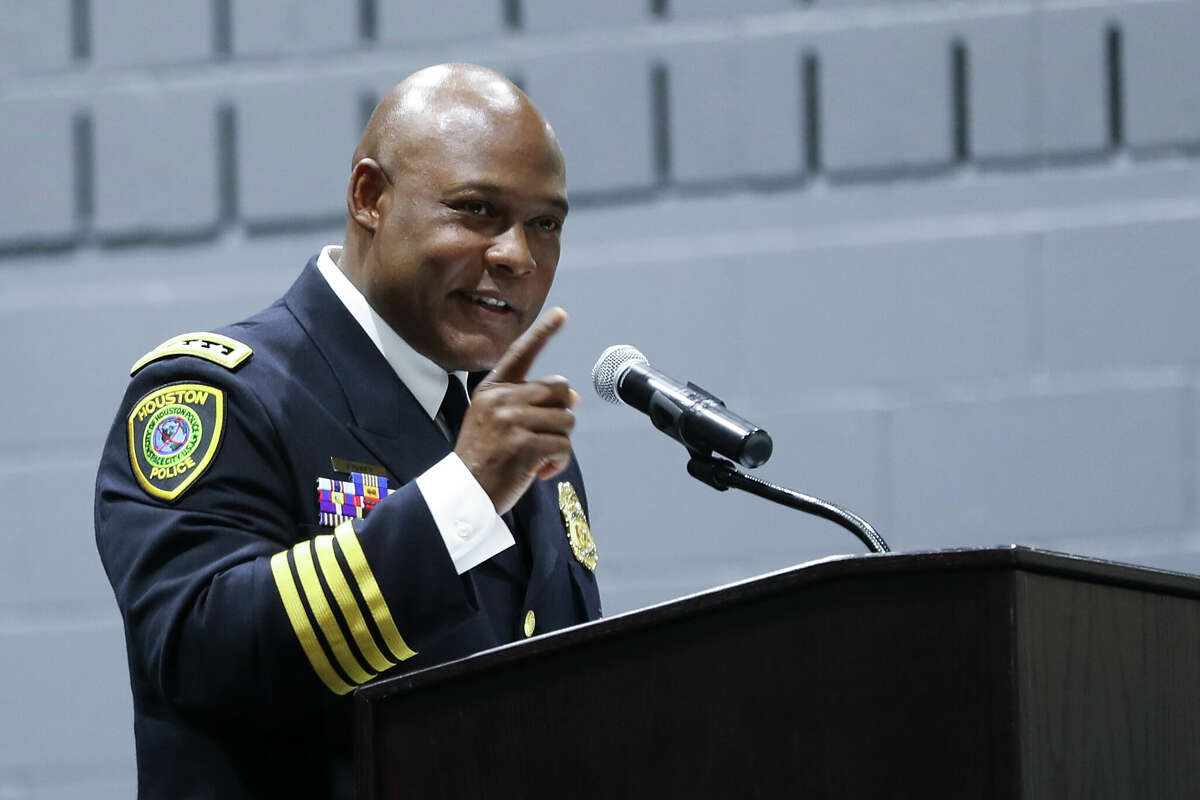 Houston Police Chief Troy Finner addresses a class of cadets in May 2022. Finner resigned Wednesday night amid the dropped cases scandal that has led to disciplinary measures for two other HPD administrators.