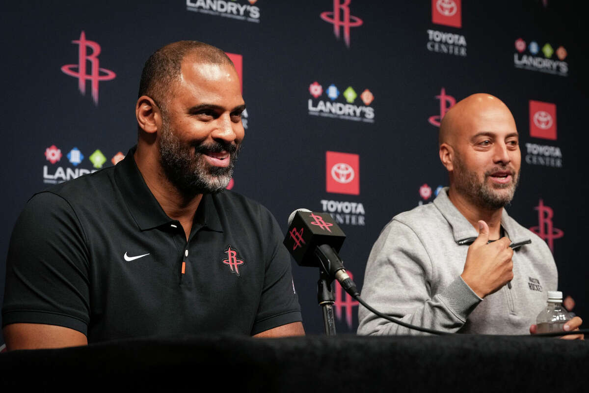 Rockets head coach Ime Udoka and general manager Rafael Stone share a light moment during a press conference following the end of the team's season Tuesday, April 16, 2024, at the Toyota Center in Houston.