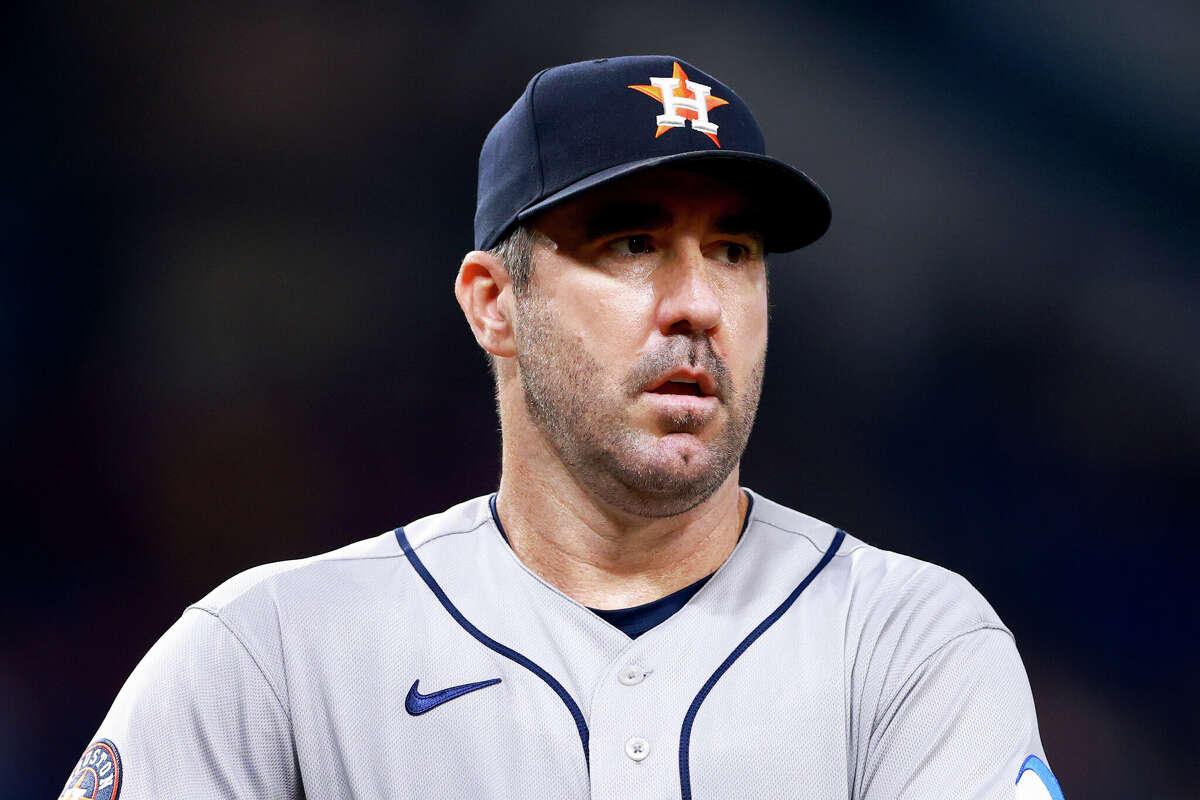 MIAMI, FLORIDA - AUGUST 16: Justin Verlander #35 of the Houston Astros looks on against the Miami Marlins during the third inning at loanDepot park on August 16, 2023 in Miami, Florida. (Photo by Megan Briggs/Getty Images)